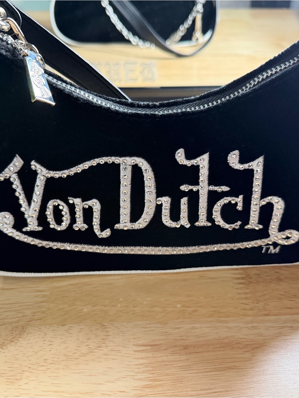 Von Dutch Black Velvet Mini Shoulder Bag with White Trim - Picture 2 of 8